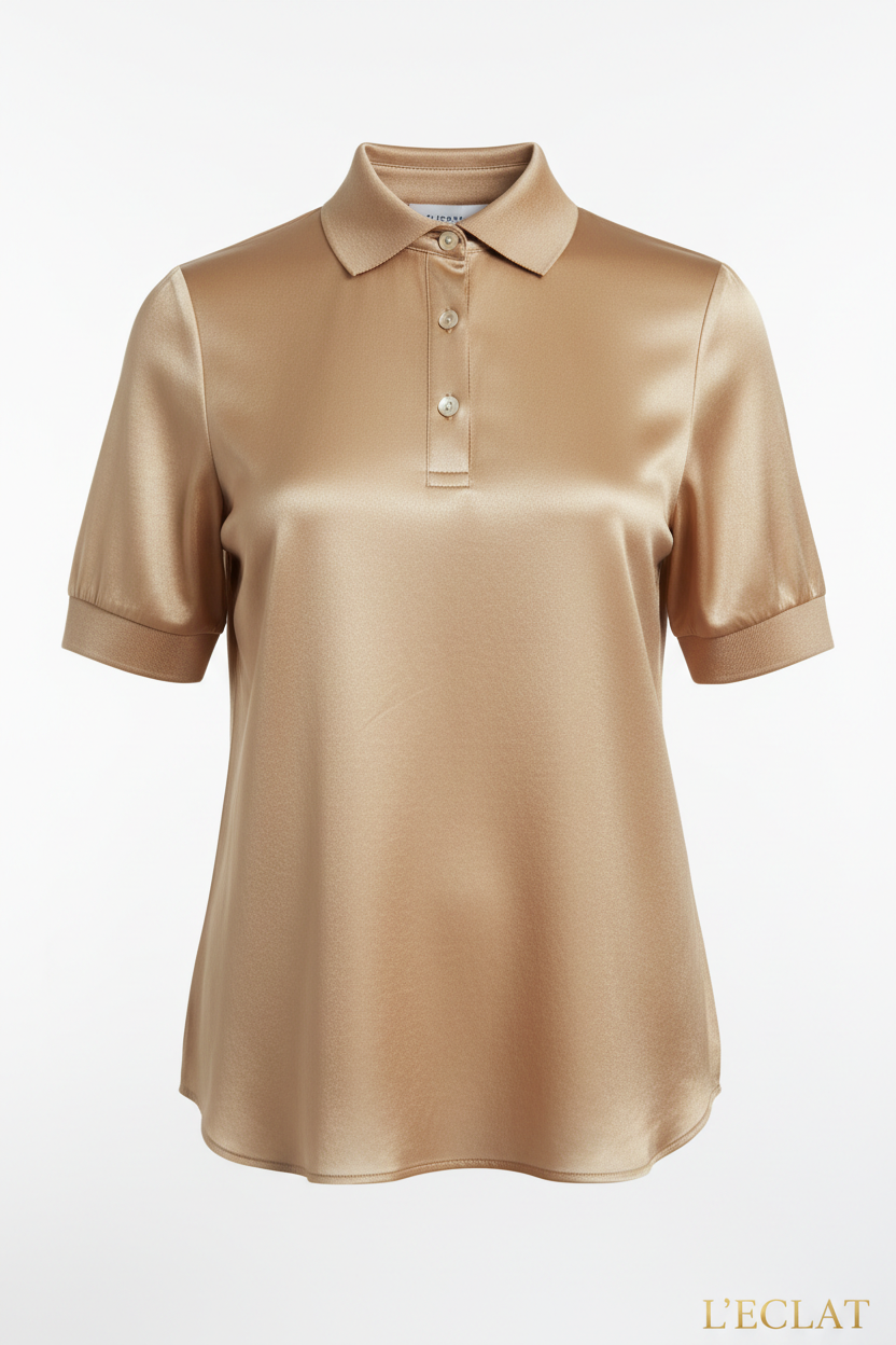 Women's Silk-Blend Polo Top - Studio Front View