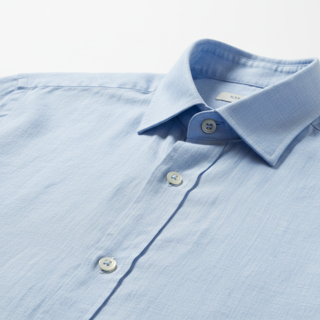 Linen Blue Shirt fabric texture and button detail